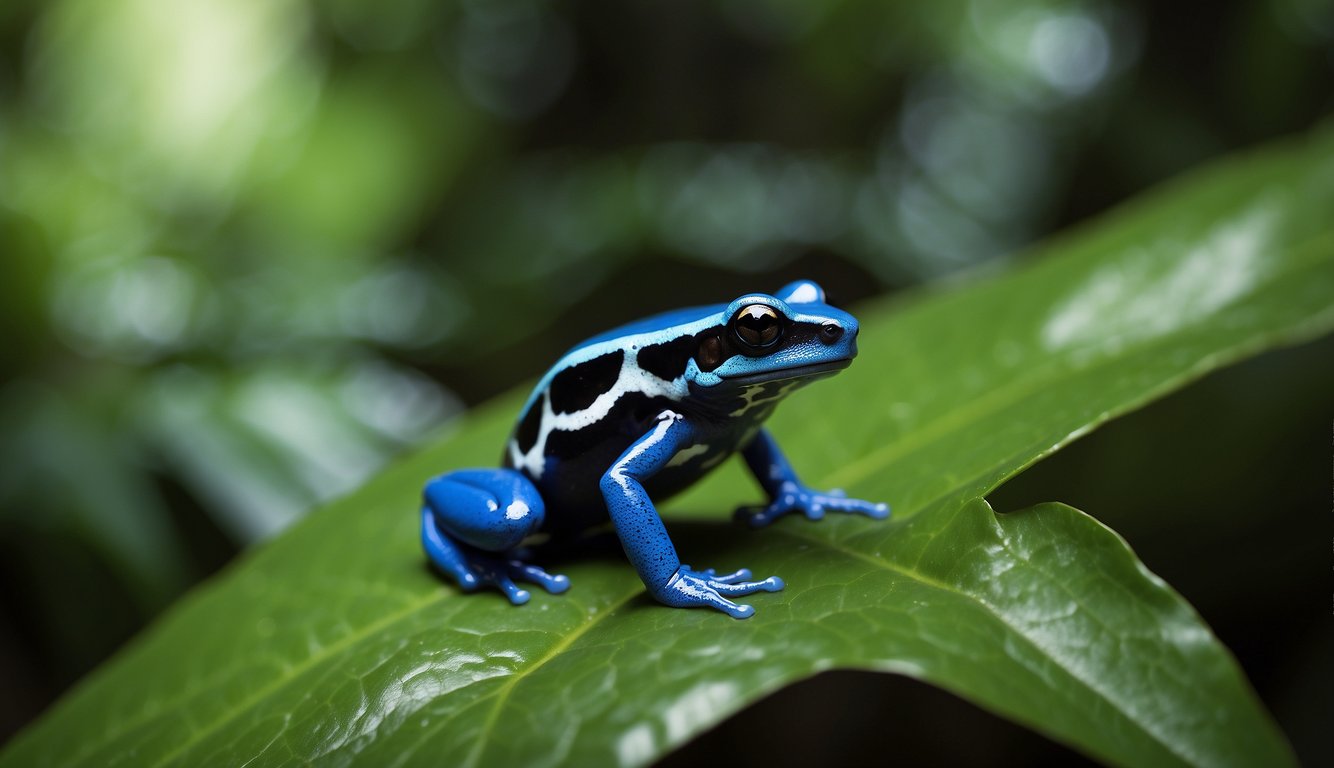 A vibrant blue poison dart frog perches on a leaf in the lush rainforest, its bright colors standing out against the green foliage