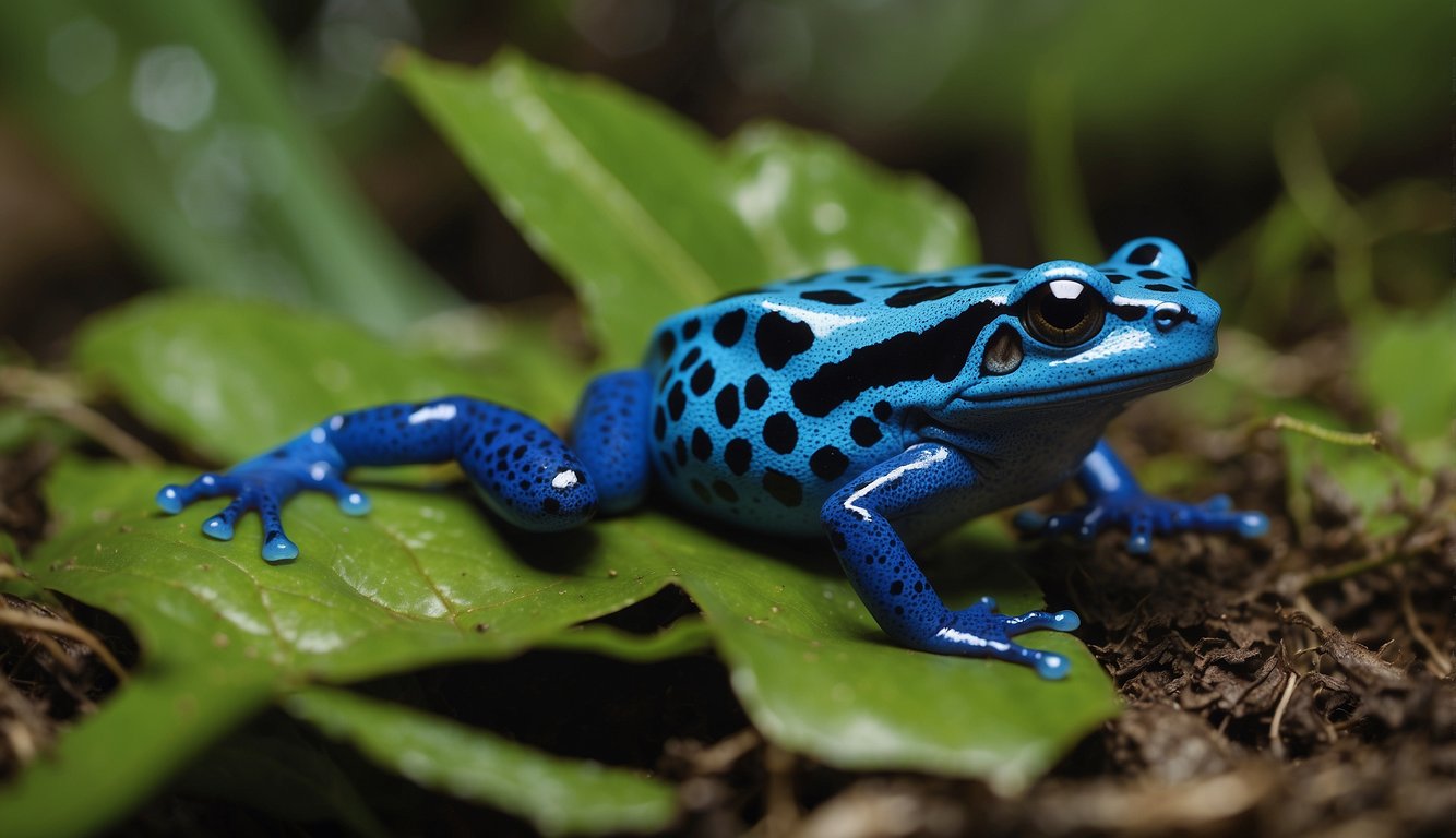 A vibrant blue poison dart frog lays eggs on a leaf in the rainforest.

Tadpoles hatch and grow before transforming into colorful adult frogs