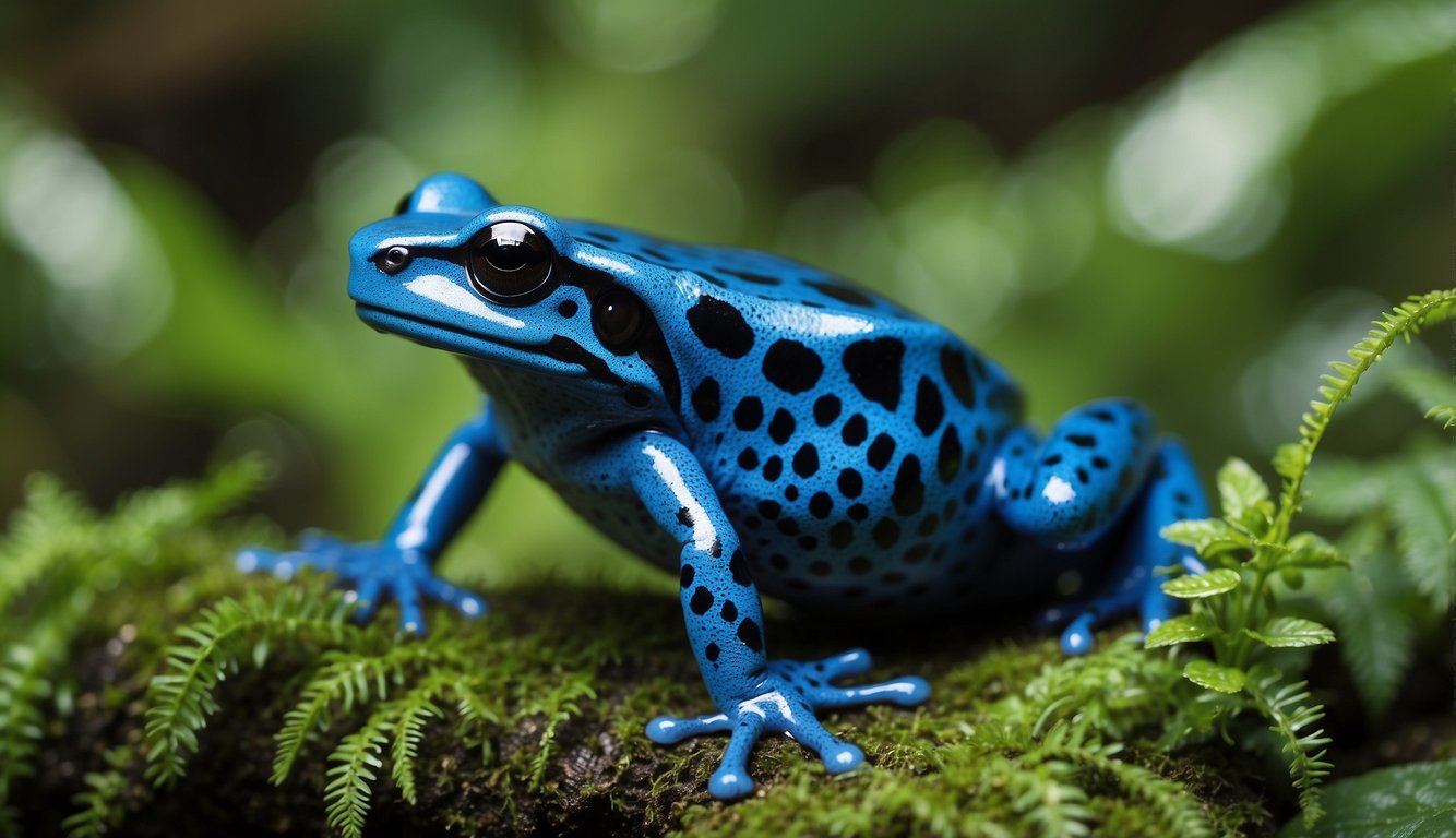 The vibrant blue poison dart frog hops among lush green foliage in the rainforest, its colorful skin contrasting with the natural surroundings