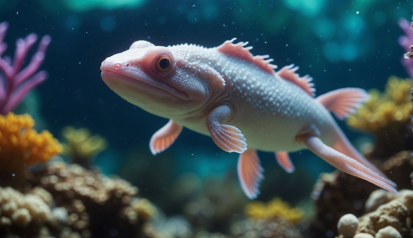 An axolotl swims gracefully among colorful coral and vibrant sea plants in a crystal-clear underwater world.

Sunlight filters through the water, casting a mesmerizing glow on the serene scene