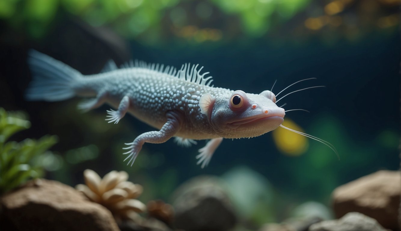 The axolotl gracefully swims through the crystal-clear water, its gills gently fluttering as it navigates the vibrant underwater world of plants and rocks