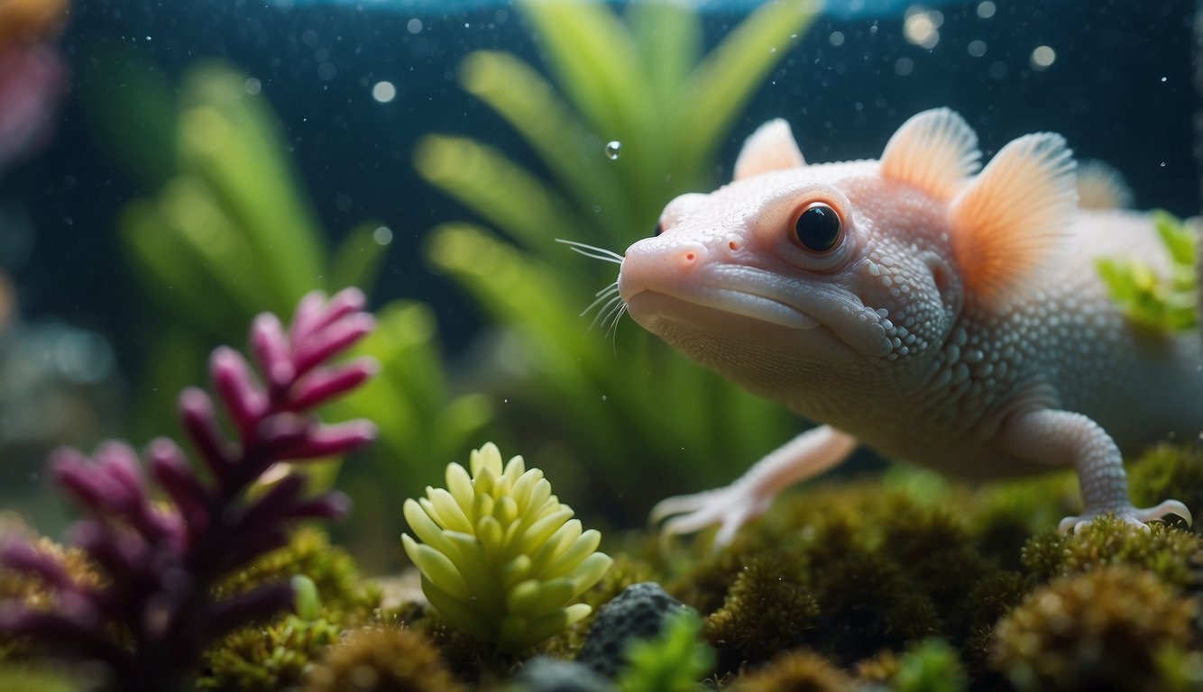 An axolotl swims gracefully among vibrant underwater plants and colorful fish in a crystal-clear, sunlit aquatic environment