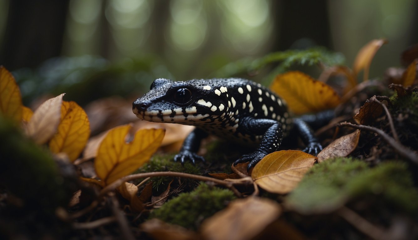 A spotted salamander burrows under fallen leaves in a dimly lit forest, surrounded by roots and fungi