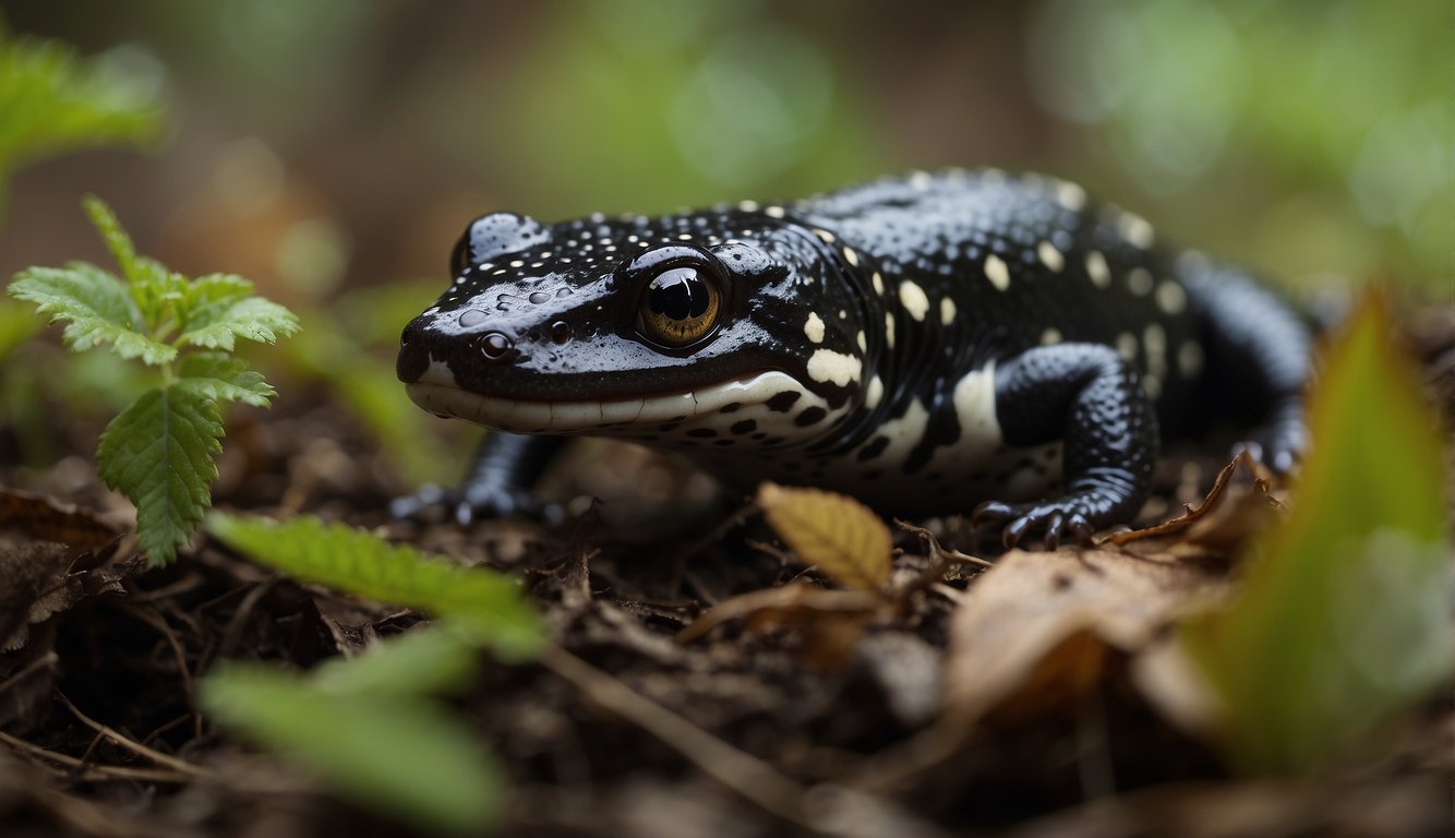 The spotted salamander burrows under leaf litter, feasting on insects and small invertebrates in its forest habitat