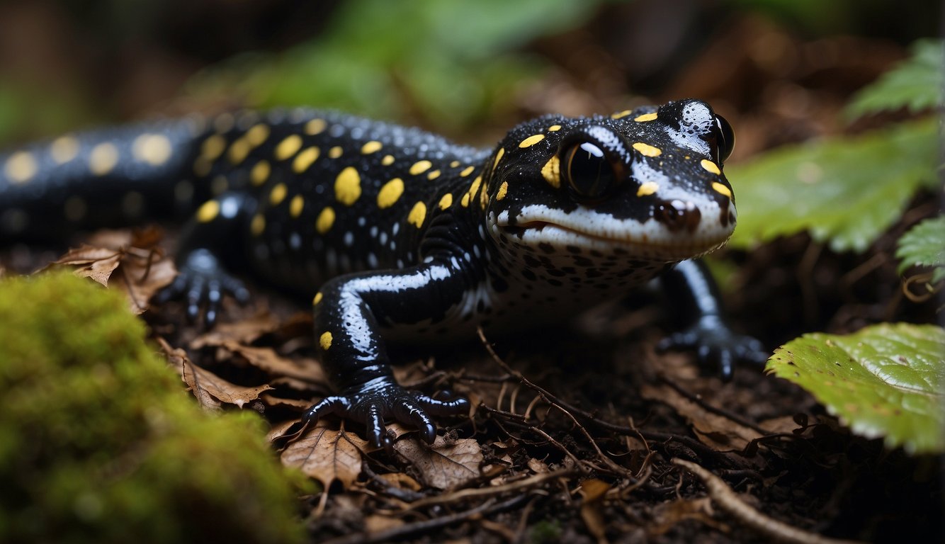 A spotted salamander burrows under leaf litter in a dark forest, surrounded by roots and fallen branches.

Its spotted skin blends in with the forest floor as it moves stealthily through its underground world