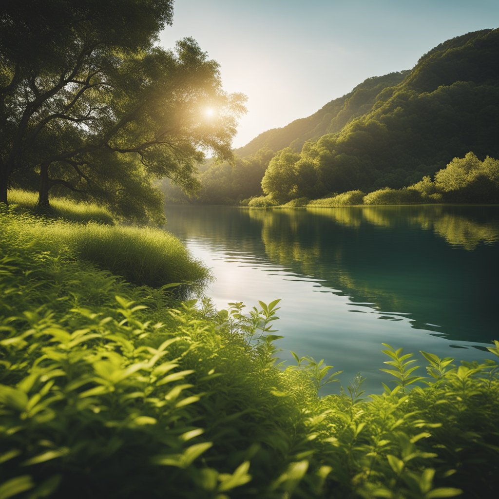 A serene landscape with a calm body of water, surrounded by lush greenery and bathed in warm sunlight