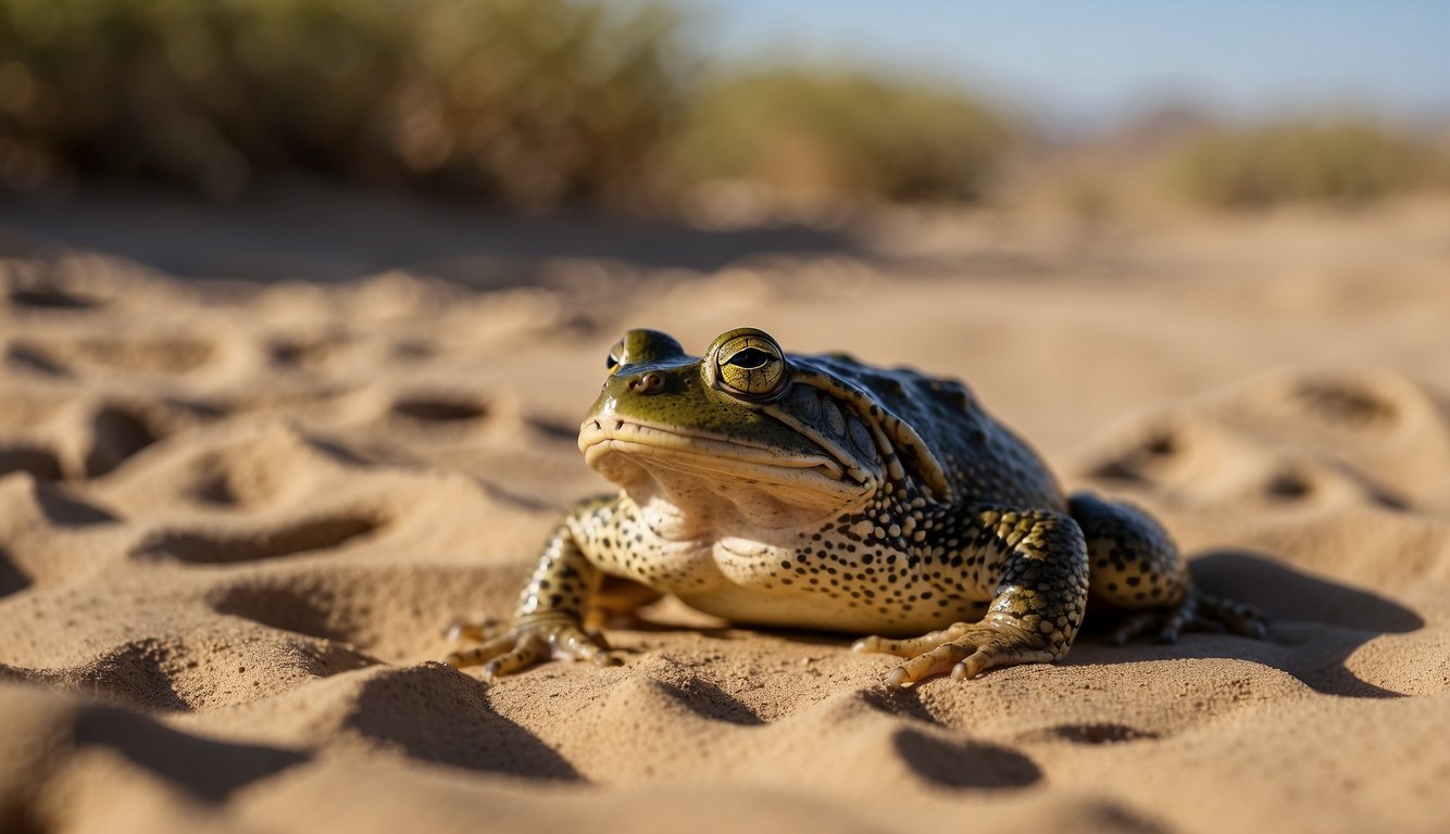 The African Bullfrog sits in the sandy desert, its wide mouth open as it waits to devour any unsuspecting prey that crosses its path