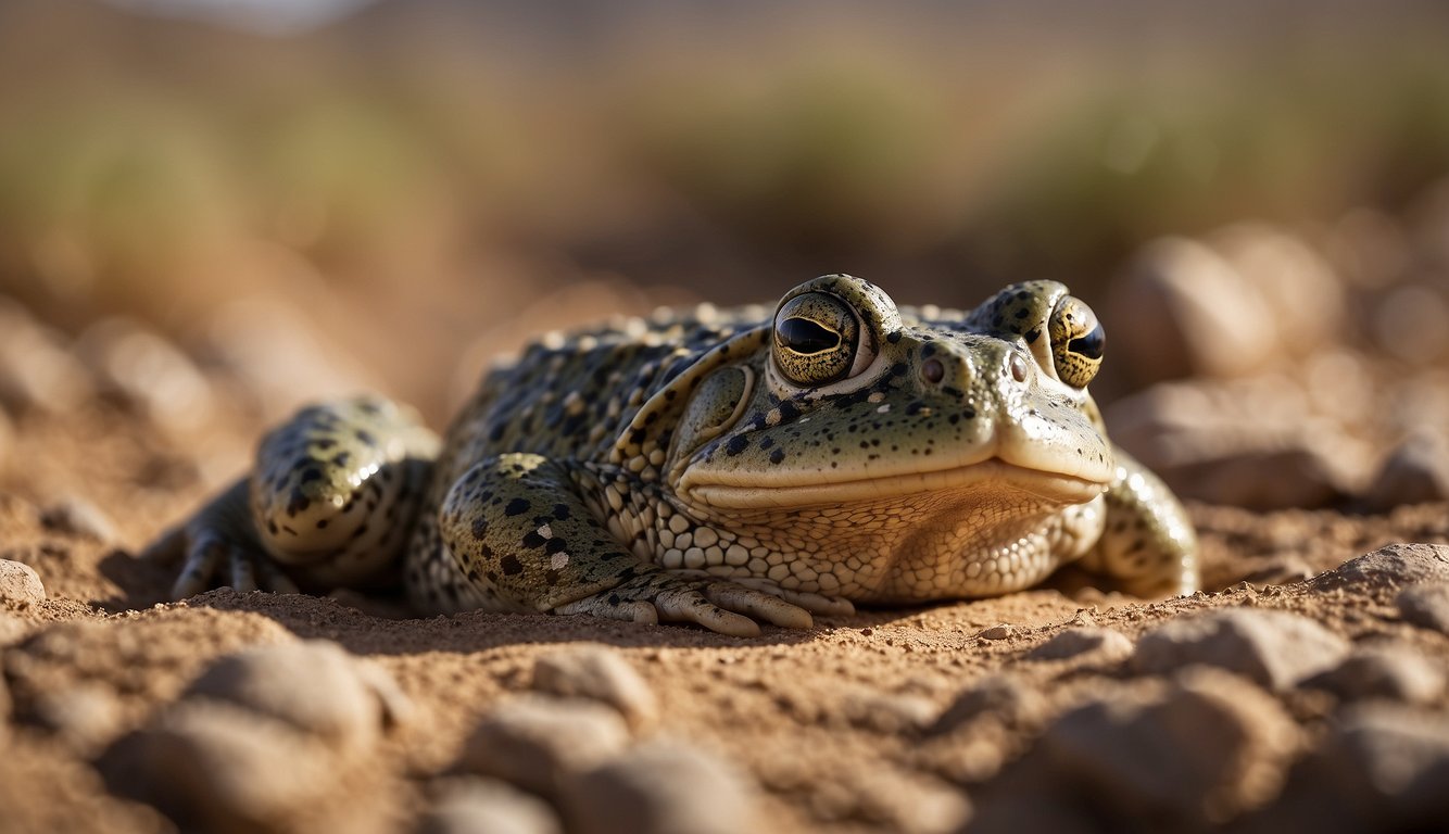 The African Bullfrog sits camouflaged among desert rocks, its large, mottled body blending seamlessly with the sandy terrain.

Its wide mouth opens, revealing a row of sharp teeth as it waits for its next meal