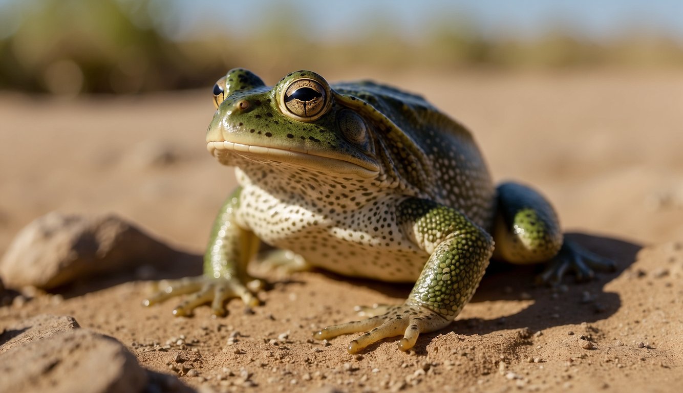 The African Bullfrog crouches in the desert, eyes fixed on prey.

Its powerful legs coil, ready to launch. A fly buzzes nearby, unaware of the danger lurking