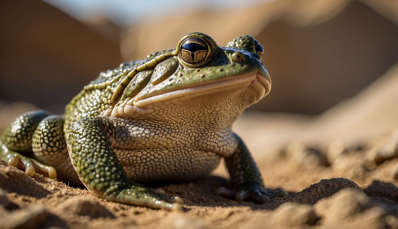 An African Bullfrog sits in the desert, surrounded by sand and rocks.

Its large, powerful body is covered in mottled brown and green skin, and its wide mouth is open, revealing rows of sharp teeth