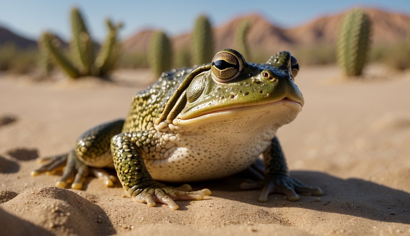 The African Bullfrog sits in the desert, its wide mouth open, ready to devour any prey that comes its way.

Sand dunes and cacti surround the amphibian, capturing the harsh and unforgiving environment it calls home