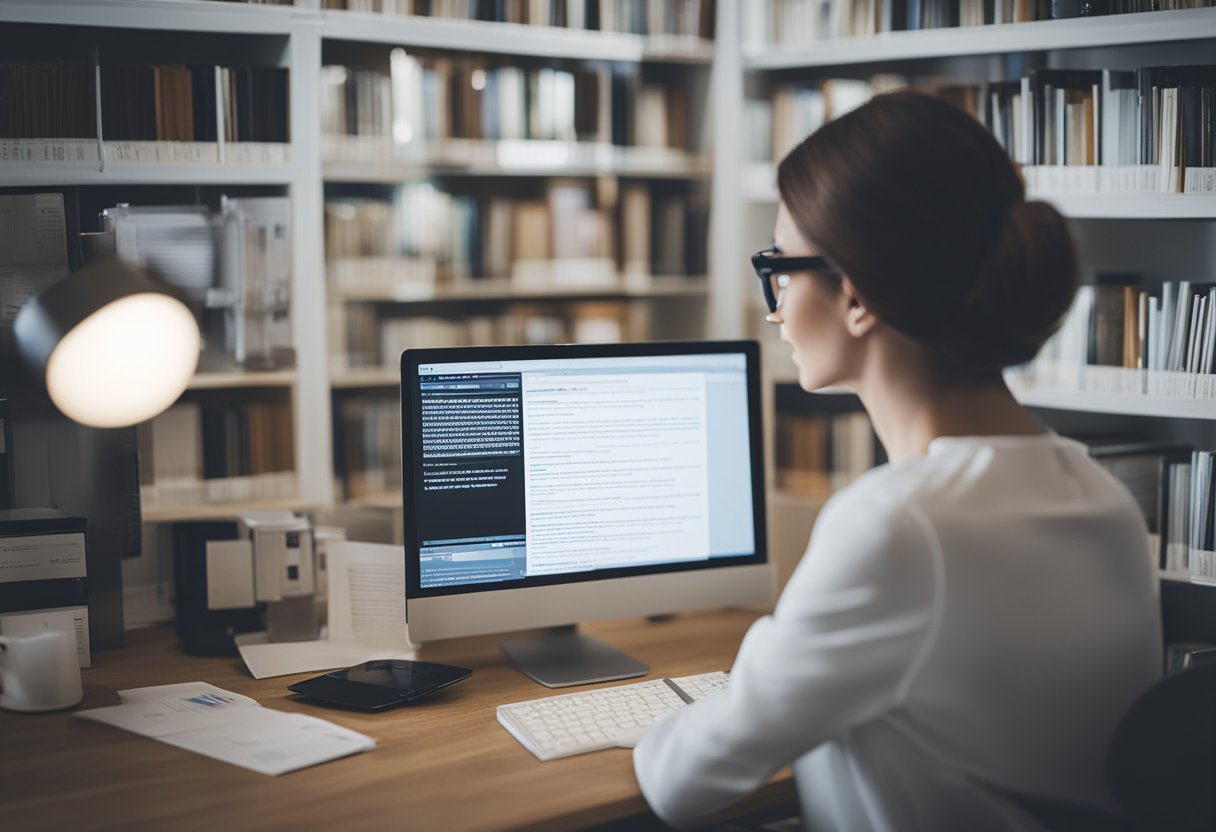 A person researching female hair loss on a computer, surrounded by medical books and informational websites