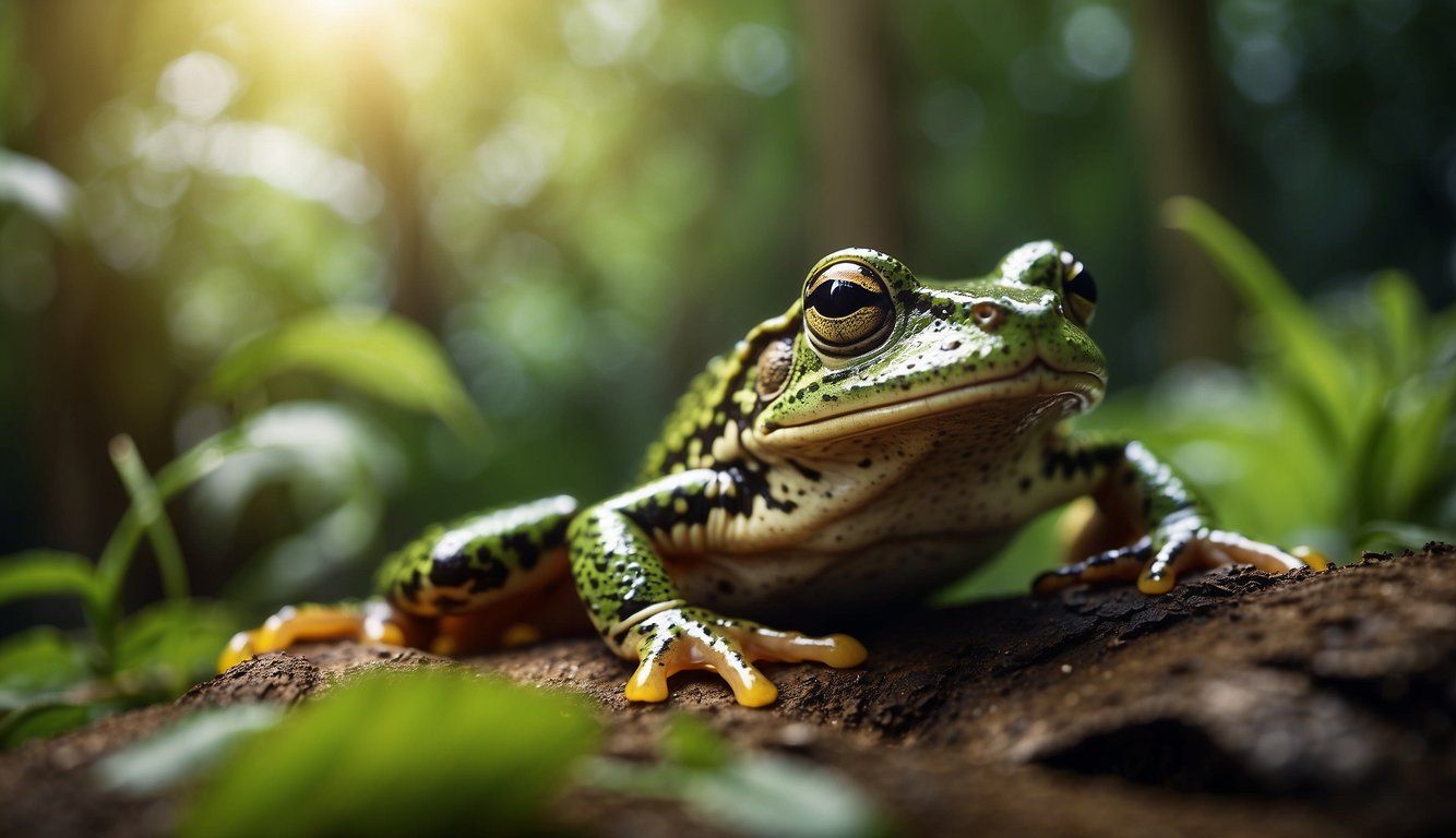 A giant frog leaps across a lush rainforest, towering over smaller creatures.

Its vibrant green skin glistens in the sunlight, showcasing its massive size
