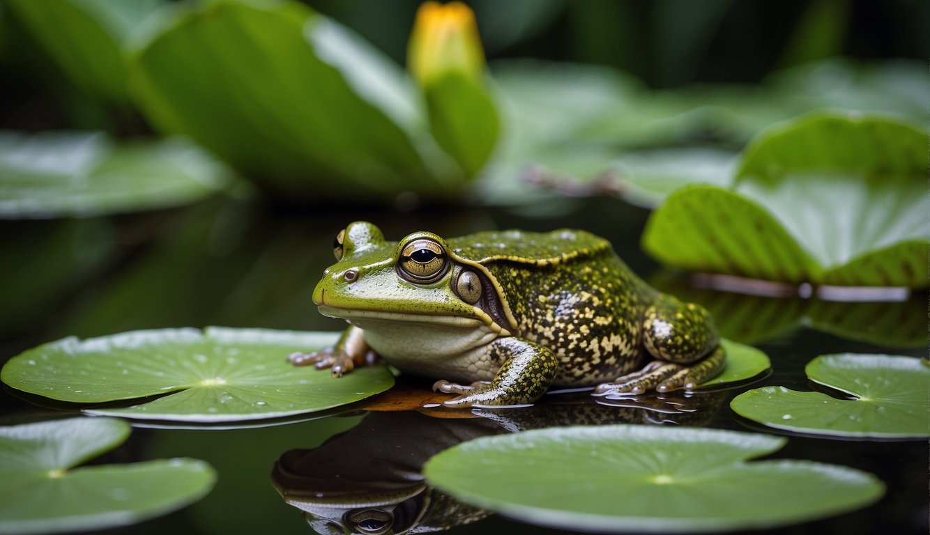 The Goliath frog sits on a lush green lily pad in a crystal-clear pond, surrounded by vibrant tropical foliage and exotic wildlife
