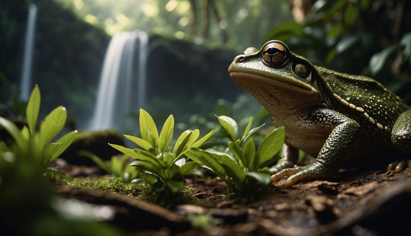 A group of adventurers marvel at a massive Goliath frog in a lush rainforest, surrounded by vibrant flora and cascading waterfalls