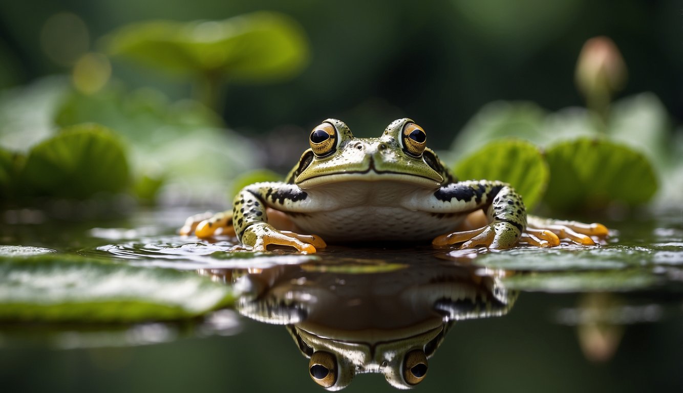 A frog propels itself off a lily pad with a powerful leap, its legs fully extended.

The water ripples beneath it as it soars through the air