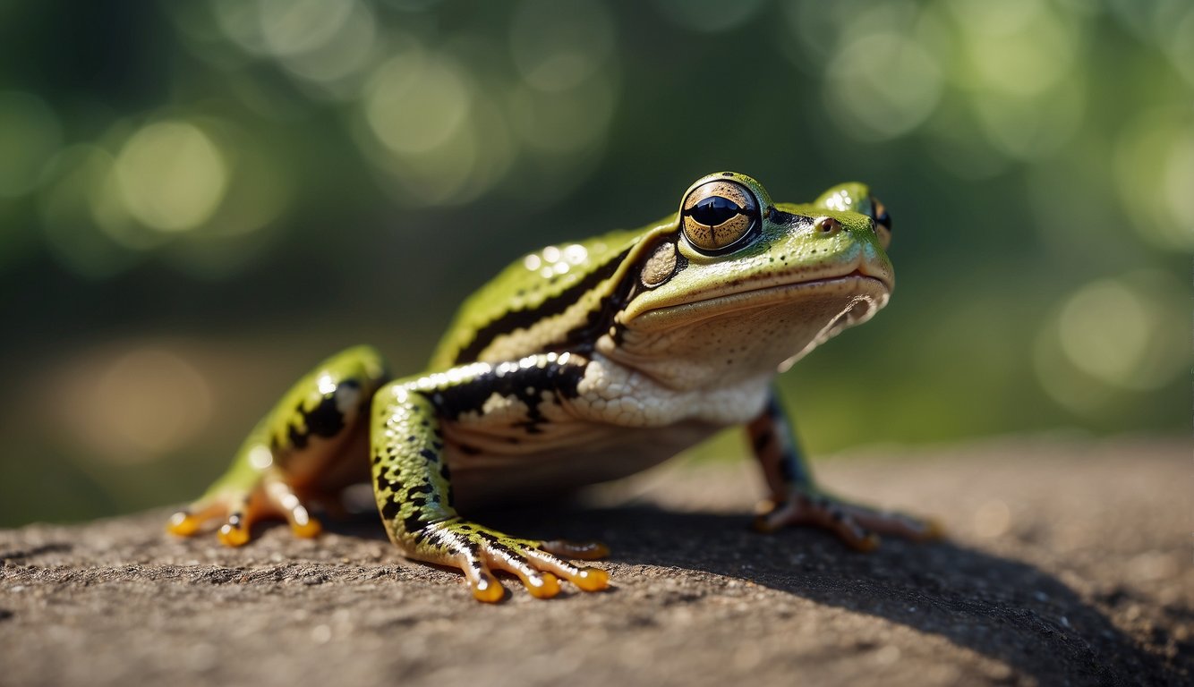 A frog's powerful legs propel it into the air, its body stretched out in mid-leap, showcasing the agility and strength of its anatomy