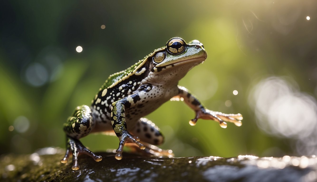 A frog springs forward, its powerful legs propelling it into the air.

The arc of its leap is captured mid-flight, showcasing the agility and grace of the amphibian's movement