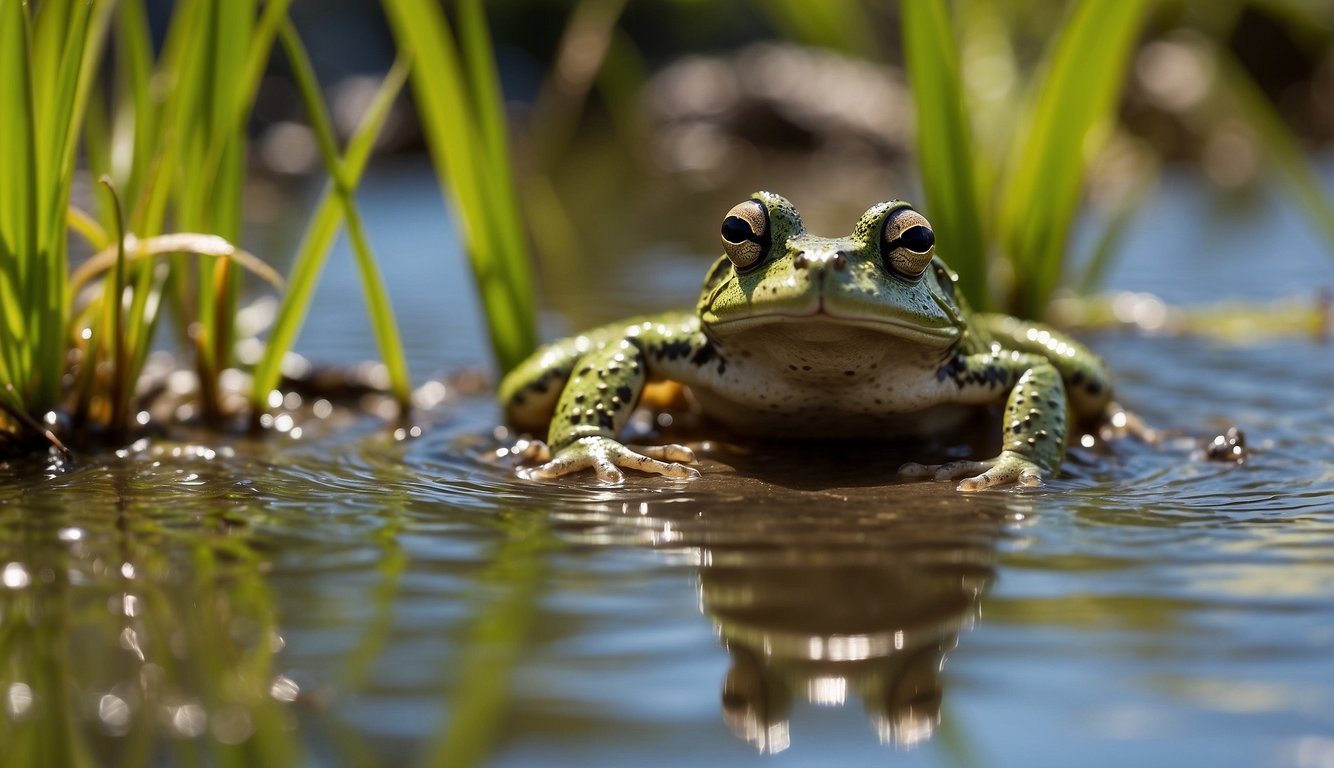 The agile frog leaps across a vibrant wetland, creating ripples in the water and causing nearby plants to sway with the force of its jump
