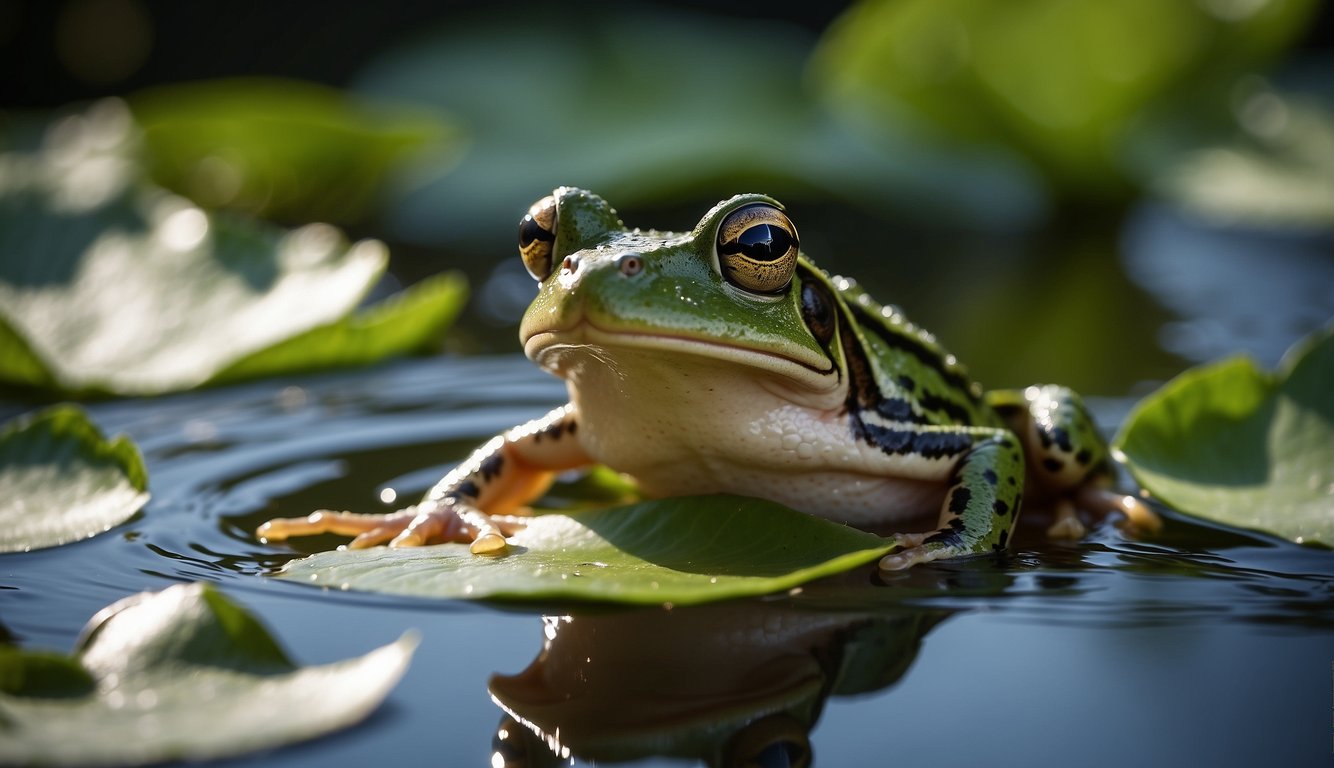 A frog leaps gracefully across a lily pad-filled pond, its powerful hind legs propelling it through the air.

The water ripples beneath it as it lands, showcasing the marvel of its agile jump