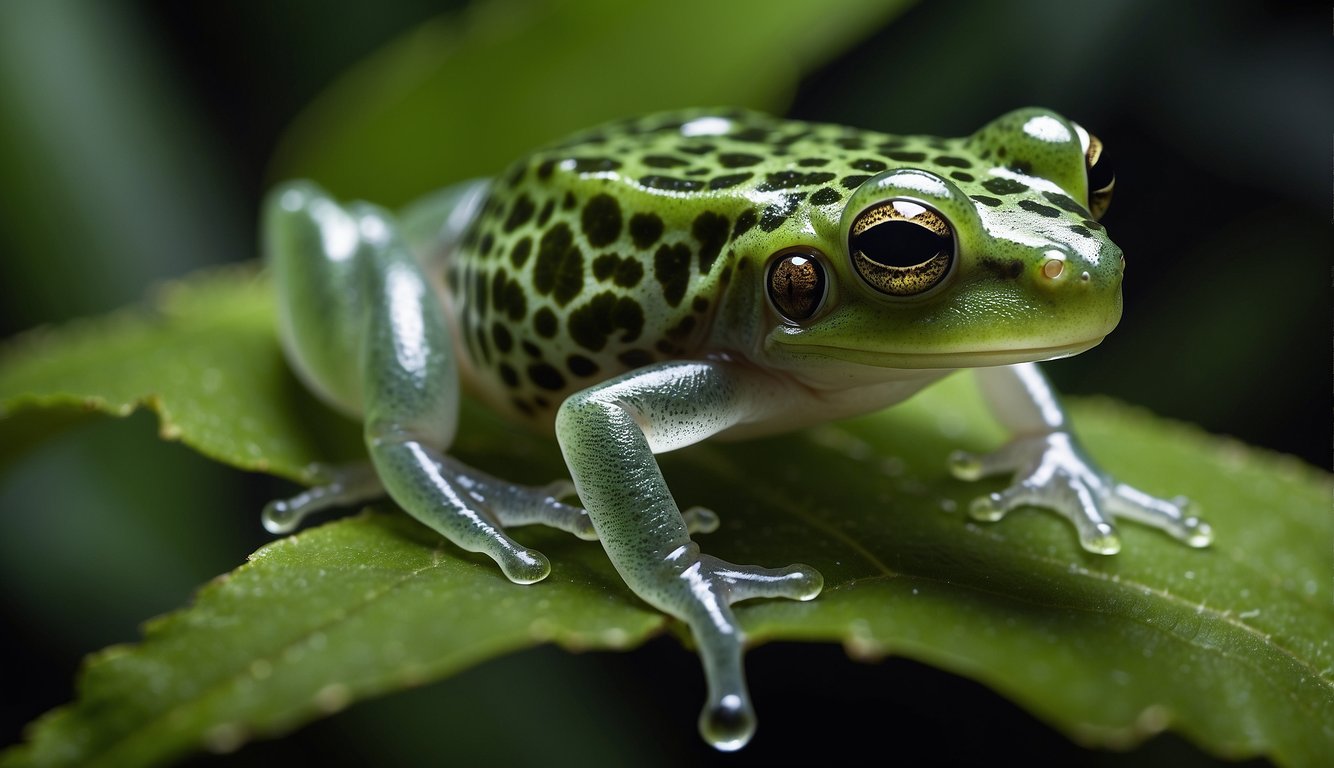 A glass frog perches on a vibrant green leaf, its translucent skin revealing internal organs and bones.

The lush rainforest background showcases the frog's natural habitat