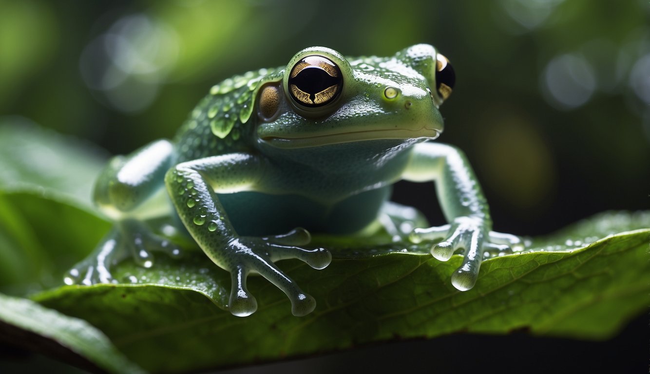 A glass frog perches on a leaf, its translucent skin revealing internal organs and veins.

The lush rainforest background adds depth and mystery