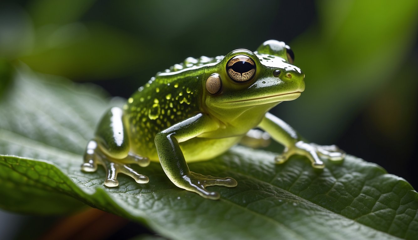 A glass frog perched on a leaf, its transparent skin revealing internal organs.

The vibrant green surroundings highlight the frog's delicate and unique features