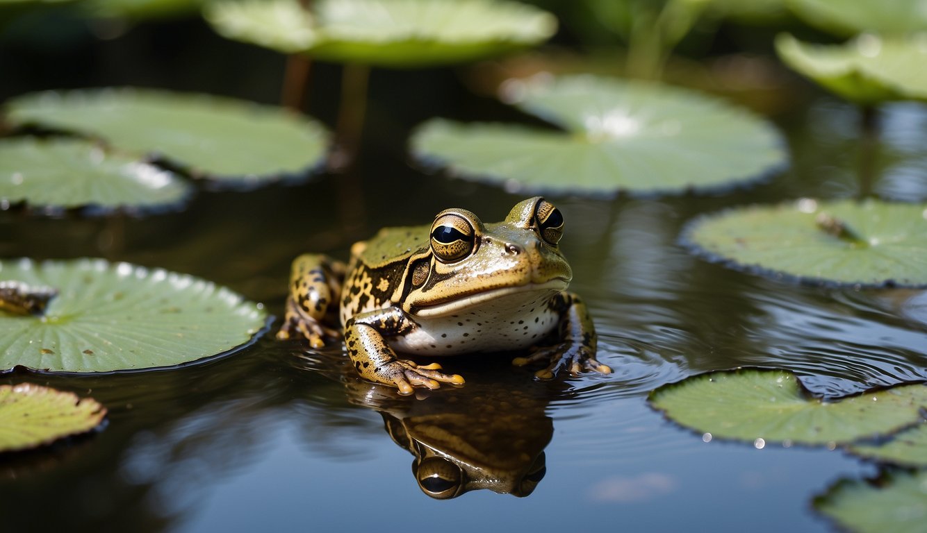 The common frog hops along lily pads, chasing dragonflies and basking in the sun, surrounded by shimmering water and vibrant green foliage