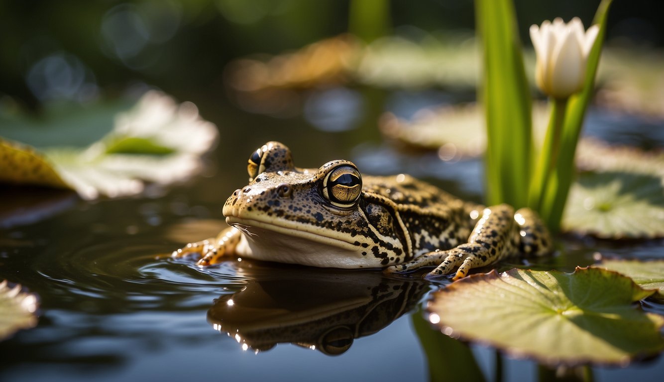 The common frog swims among lily pads, basking in the warm sunlight.

Dragonflies hover above as the frog catches a fly with its long, sticky tongue