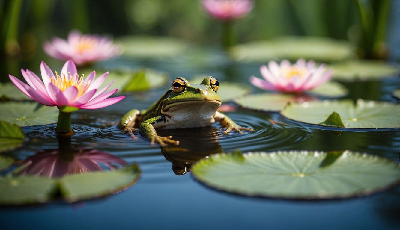 A frog sits on a lily pad in a peaceful pond, surrounded by tall reeds and colorful water lilies.

Dragonflies flit above the water, and fish swim lazily beneath the surface