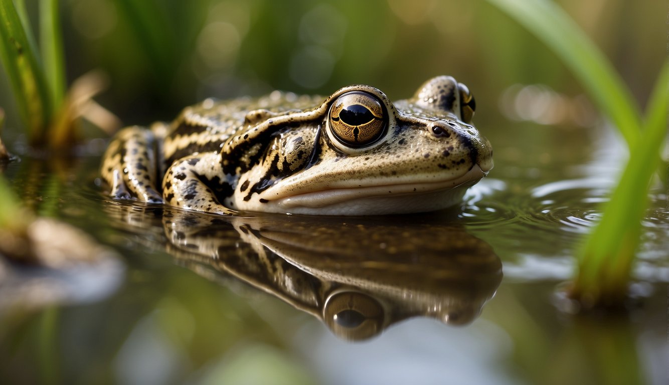 The common frog hunts for insects in the pond, its long tongue shooting out to catch its prey.

It hides among the reeds, waiting for the perfect moment to strike