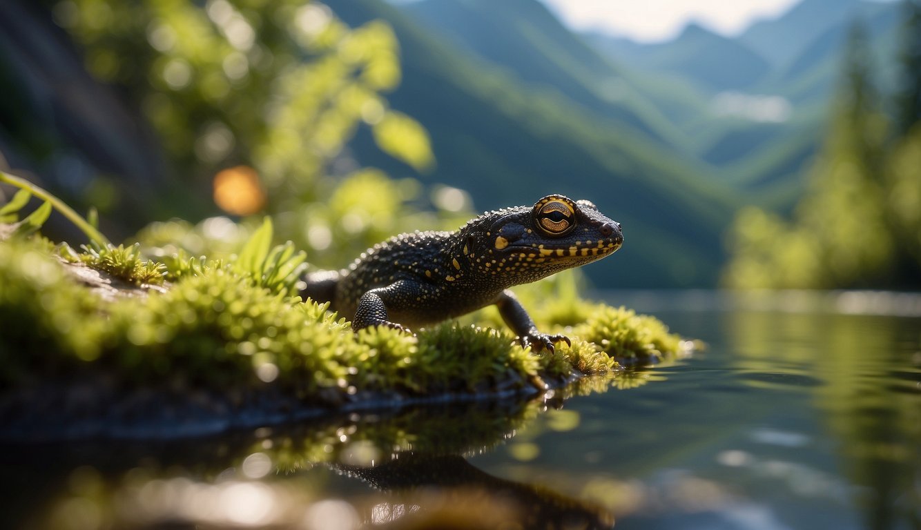 The alpine newt glides through crystal-clear mountain waters, surrounded by towering peaks and lush greenery.

Sunlight dances on the surface, illuminating the magical world below