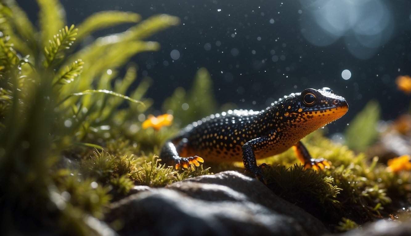 A vibrant alpine newt swims through crystal-clear mountain waters, surrounded by swirling patterns of light and shadow, creating an aura of mystery and enchantment
