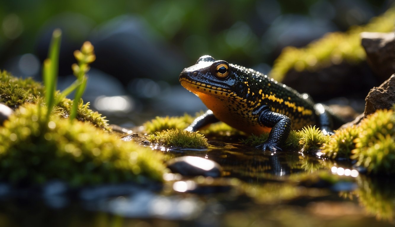 Alpine newts swim gracefully in crystal-clear mountain waters, surrounded by vibrant aquatic plants and moss-covered rocks.

Sunlight filters through the trees, casting a magical glow on the serene scene