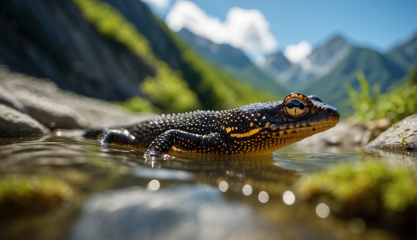 An alpine newt emerges from crystal-clear mountain waters, surrounded by lush greenery and rocky terrain
