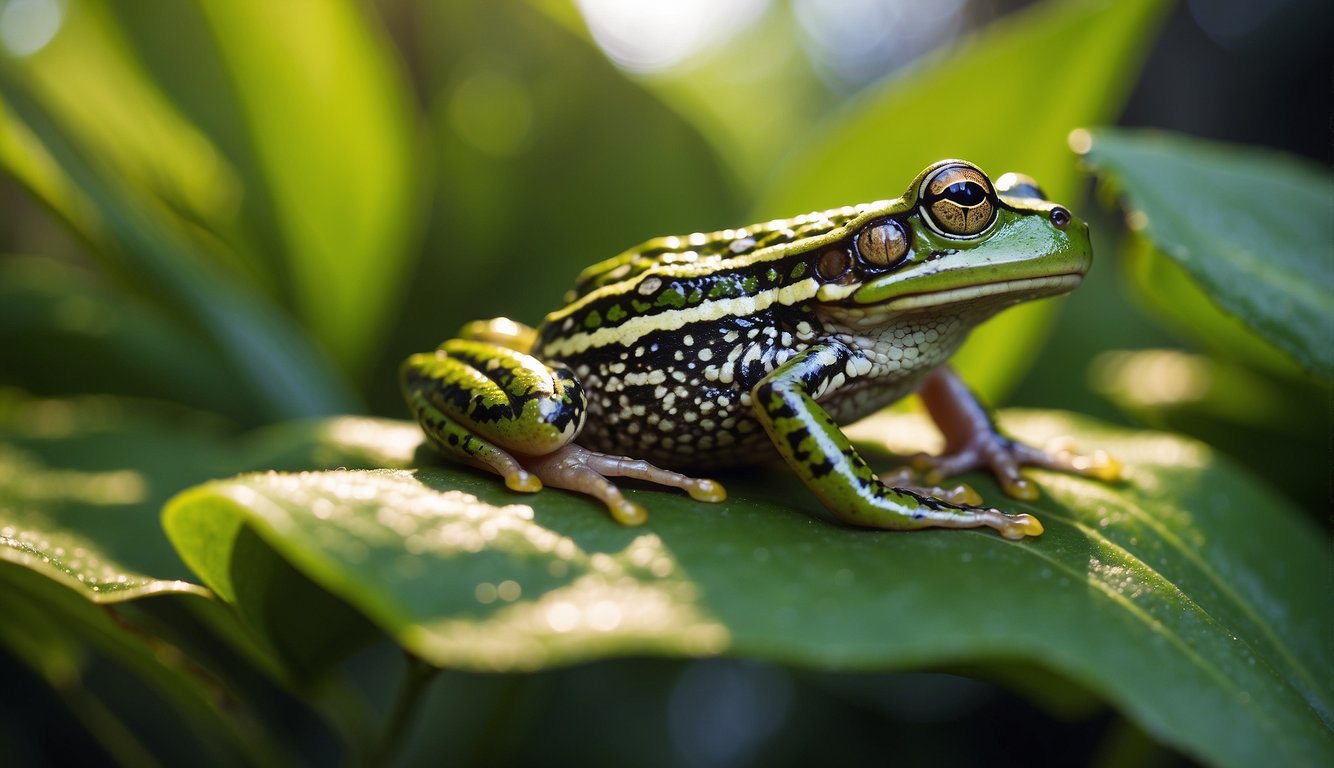 A vibrant frog perched on a lush green leaf, its colorful skin resembling a work of art.

The sunlight illuminates its intricate patterns, showcasing nature's artistic masterpiece