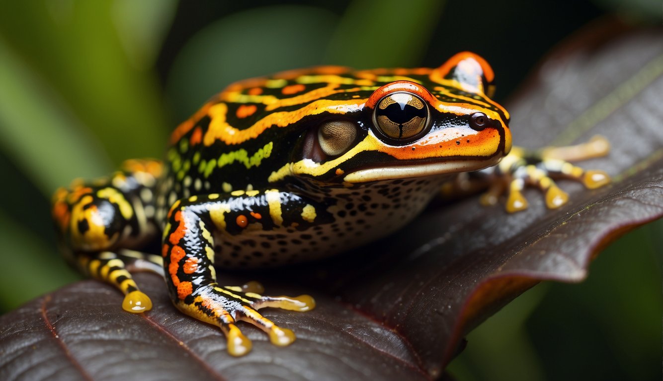 A vibrant frog perches on a leaf, its skin adorned with intricate patterns of red, yellow, and black.

The creature's smooth, glossy surface glistens in the dappled sunlight, showcasing nature's stunning artistry