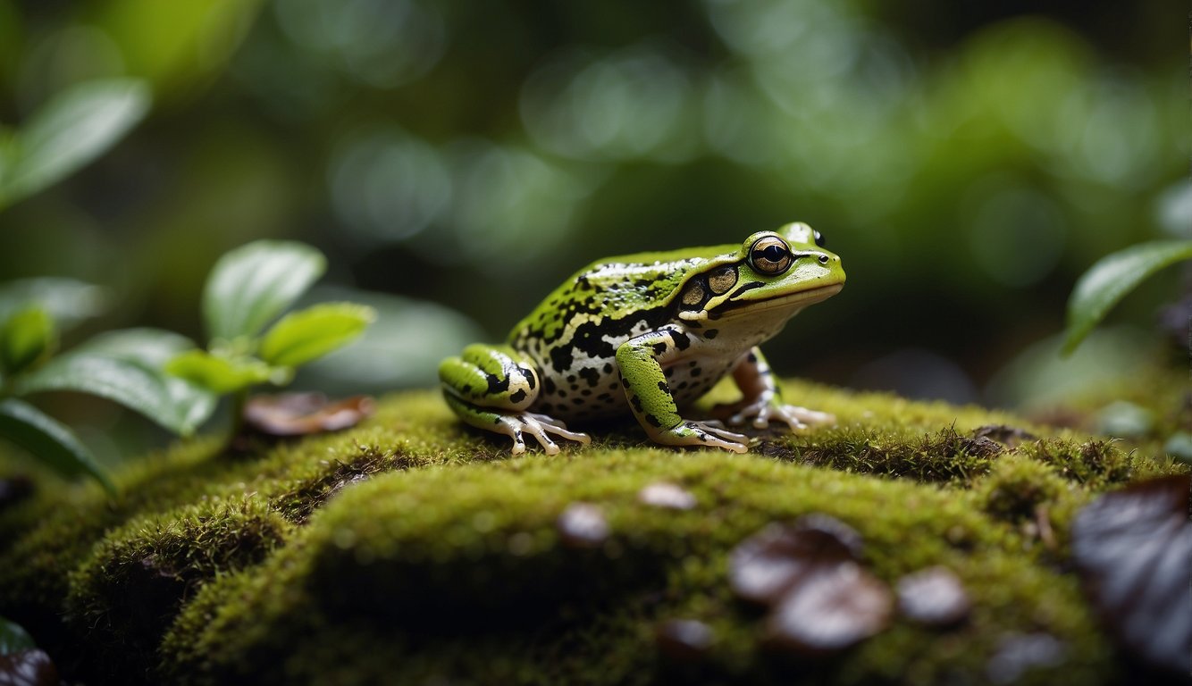 A lush rainforest floor, vibrant with colorful foliage and a small pond.

A bright, intricately patterned painted frog sits on a mossy rock, surrounded by lush greenery