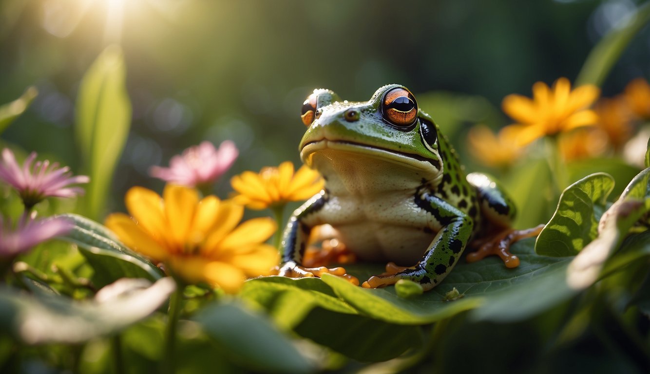 A vibrant frog sits on a leaf surrounded by colorful flowers and lush greenery.

The sun shines down, casting a warm glow on the scene