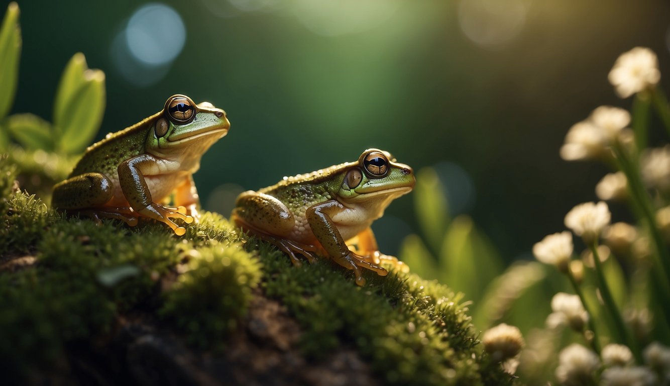 The Spring Peeper's Evening Concert: A chorus of tiny frogs fills the air with their high-pitched calls, surrounded by lush green foliage and the soft glow of twilight