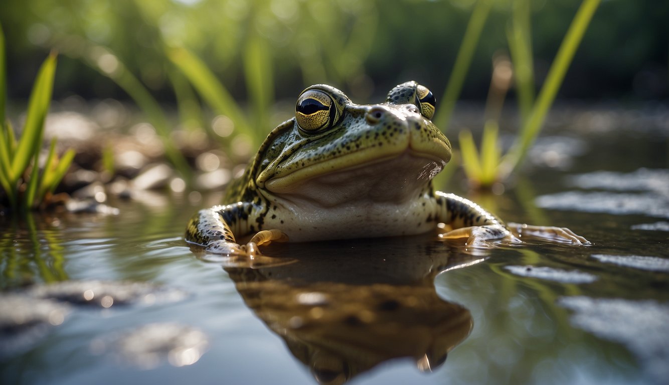 Bullfrogs croak in harmony, creating a deep bass symphony in the wetlands.

The sound reverberates through the marsh, echoing off the water and surrounding vegetation