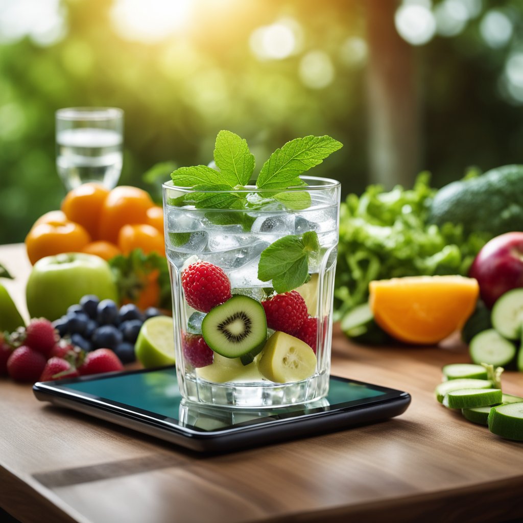 A glass of water with a tablet of quercetin and zinc, surrounded by fresh fruits and vegetables