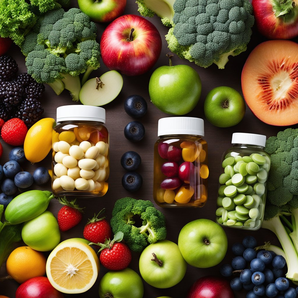 A colorful assortment of fruits and vegetables, including apples, berries, broccoli, and onions, with a bottle of zinc supplements and a jar of quercetin capsules nearby