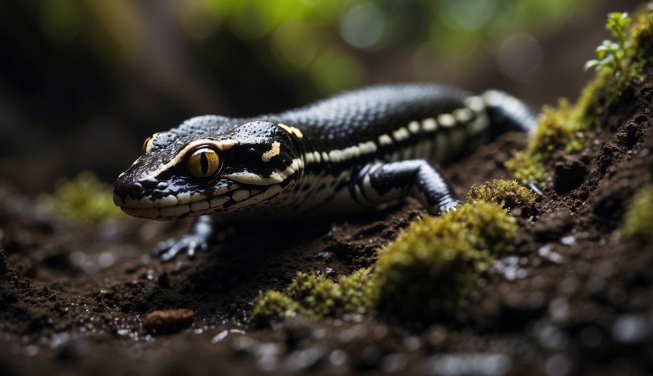The Tiger Salamander crawls through dark, damp soil, its sleek body navigating underground tunnels and burrows.

It moves with purpose, exploring the hidden world beneath the earth's surface