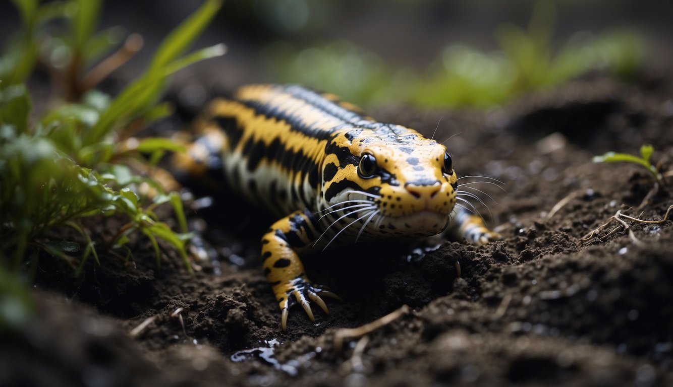 The Tiger Salamander burrows through the damp earth, laying eggs in a hidden underground chamber.

The larvae hatch and grow, transforming into adults before emerging into the world above