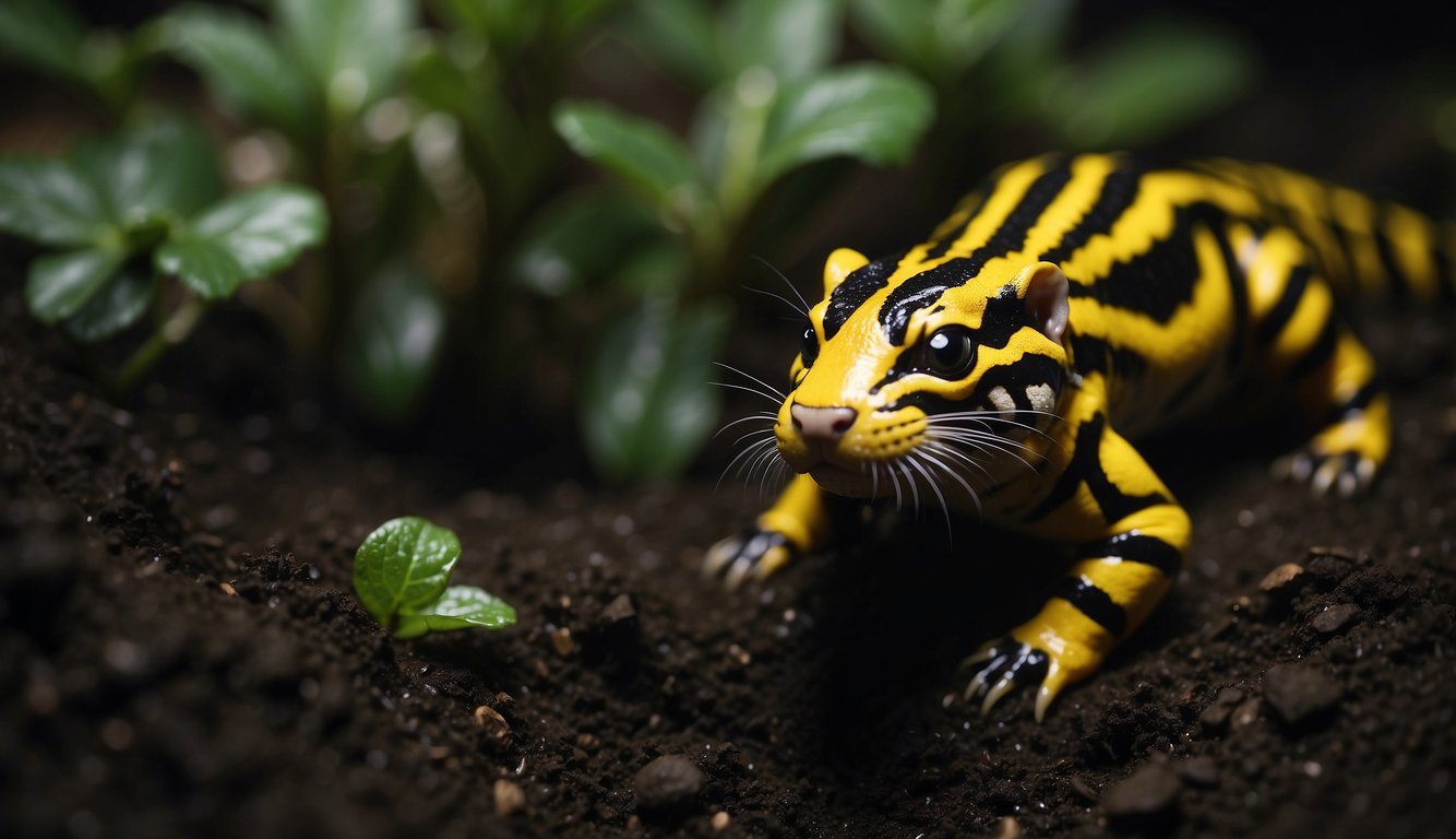 The tiger salamander burrows through dark, damp soil, its vibrant yellow and black stripes blending into the shadows.

It navigates through the underground maze, searching for its next meal