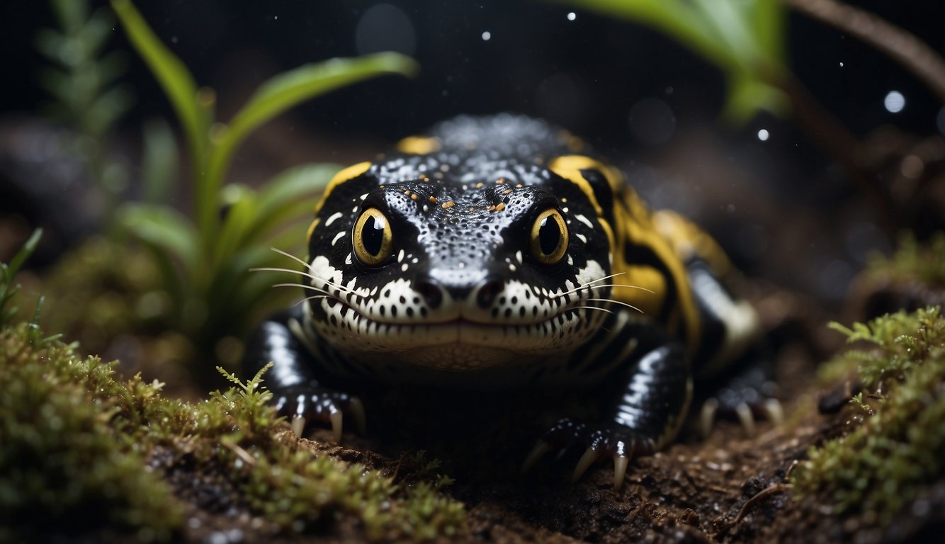 A tiger salamander explores a dark, damp underground burrow, surrounded by roots and small insects