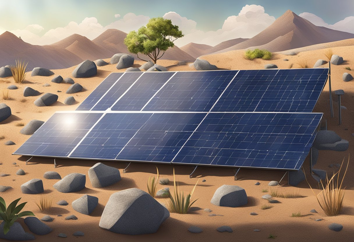 Solar panels covered in dirt, cracked glass, and shaded by nearby objects causing reduced efficiency