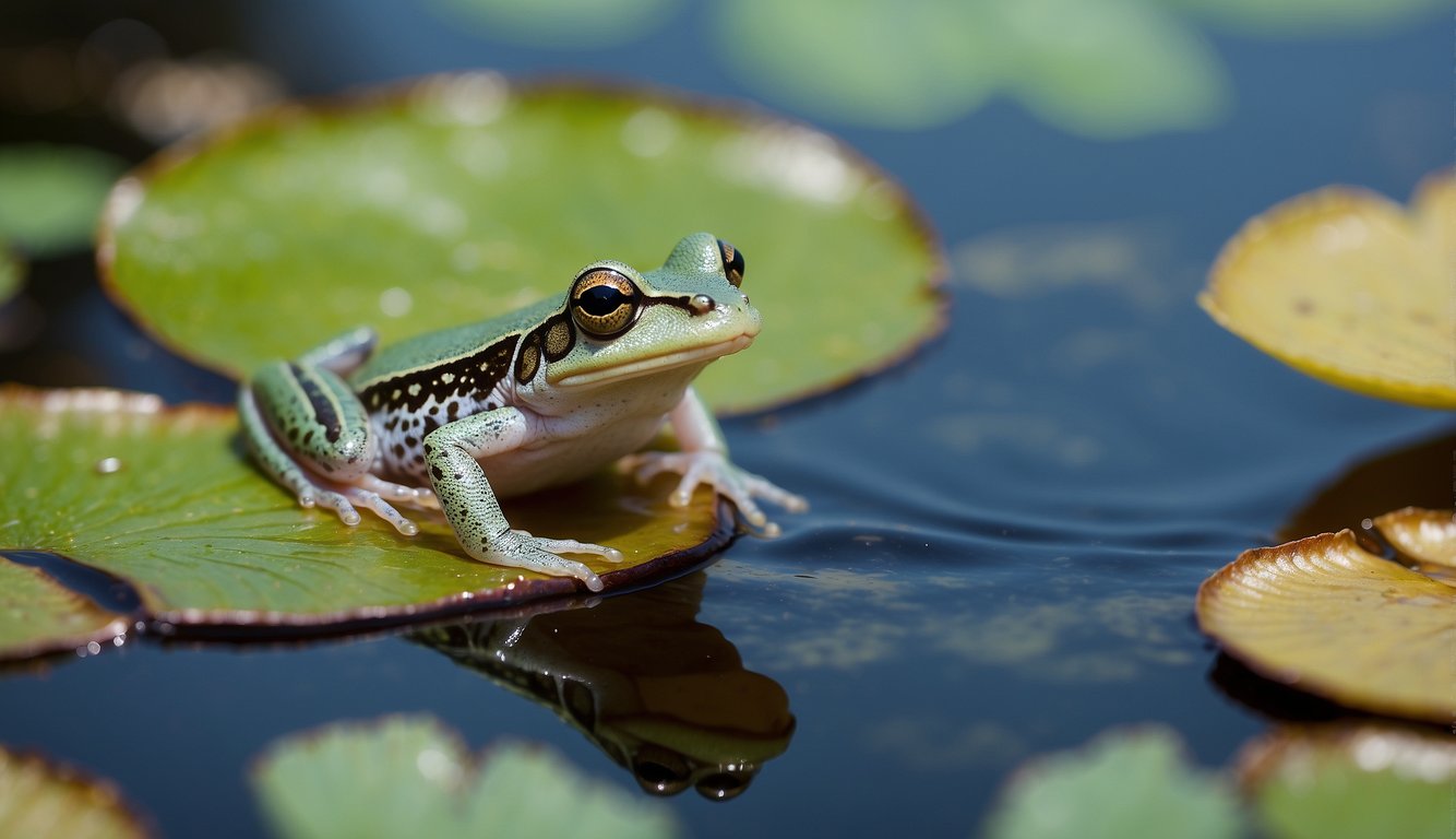 A tiny dwarf frog leap off a lily pad into a shimmering pond, surrounded by colorful aquatic plants and gentle ripples