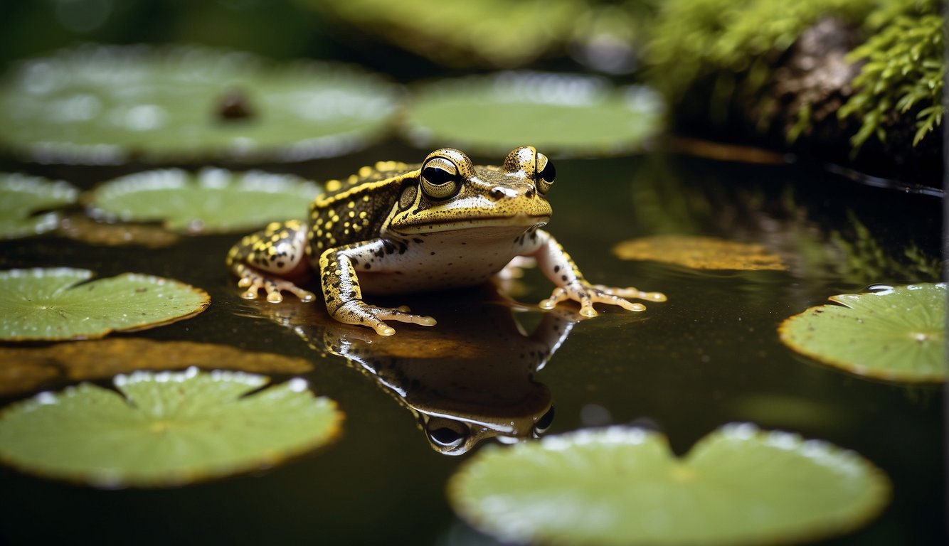 The dwarf frog leaps into a lush, moss-covered pond.

Lily pads and vibrant flowers surround the water's edge. Sunlight filters through the dense canopy above, casting dappled shadows on the serene scene